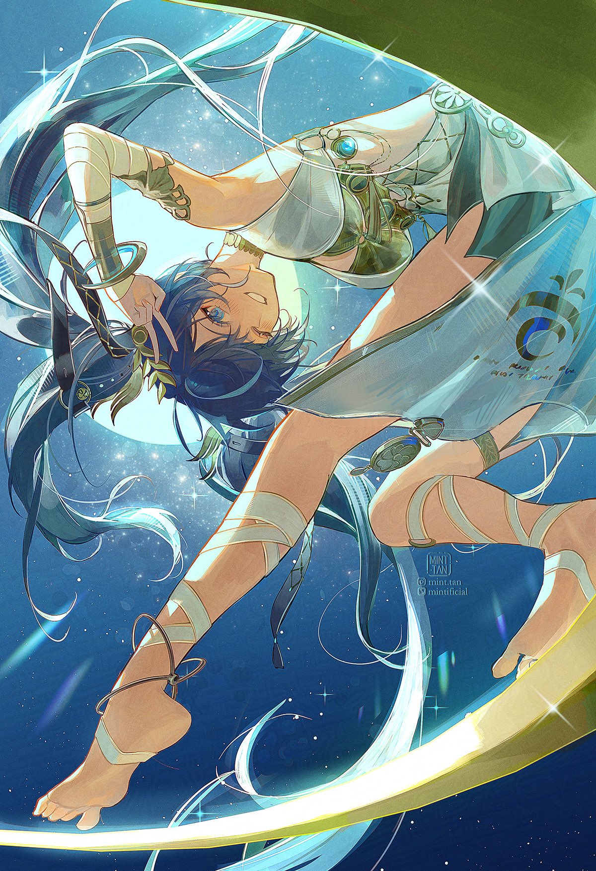 mint-tan, iuno (wuthering waves), wuthering waves, commentary, english commentary, highres, 1girl, armlet, bare shoulders, barefoot, bent over, blue eyes, blue hair, breasts, feet, from below, gold bra, jewelry, leg wrap, long hair, looking at viewer, looking down, medium breasts, multicolored hair, one eye closed, sitting, smile, soles, solo, streaked hair, thighlet, thighs, toes, v