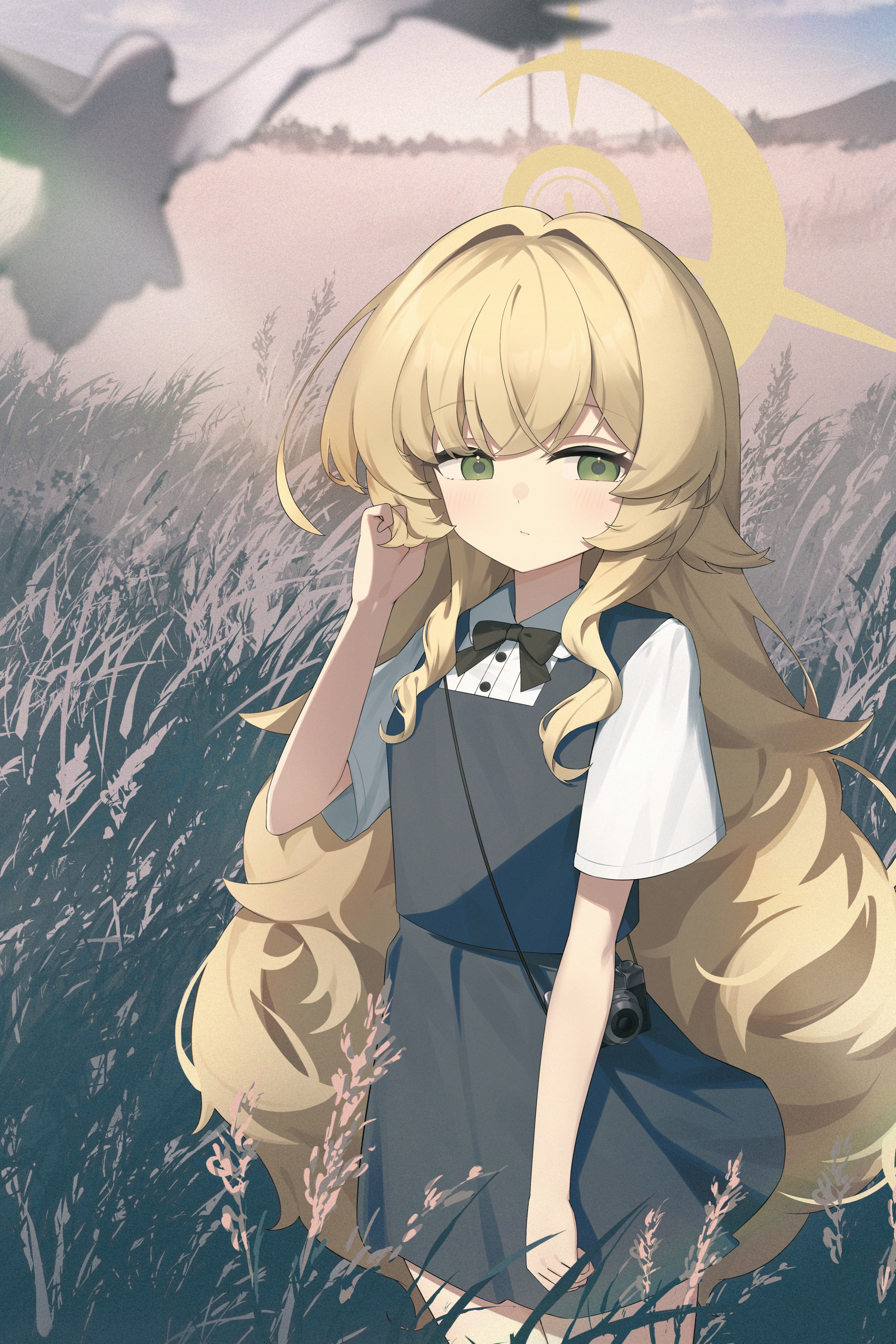 ciza gomi, professor niyaniya (blue archive), blue archive, absurdres, highres, 1girl, black bow, black dress, blonde hair, blush, bow, dress, green eyes, halo, long hair, looking to the side, outdoors, pinafore dress, shirt, short sleeves, sleeveless, sleeveless dress, solo, white shirt, yellow halo
