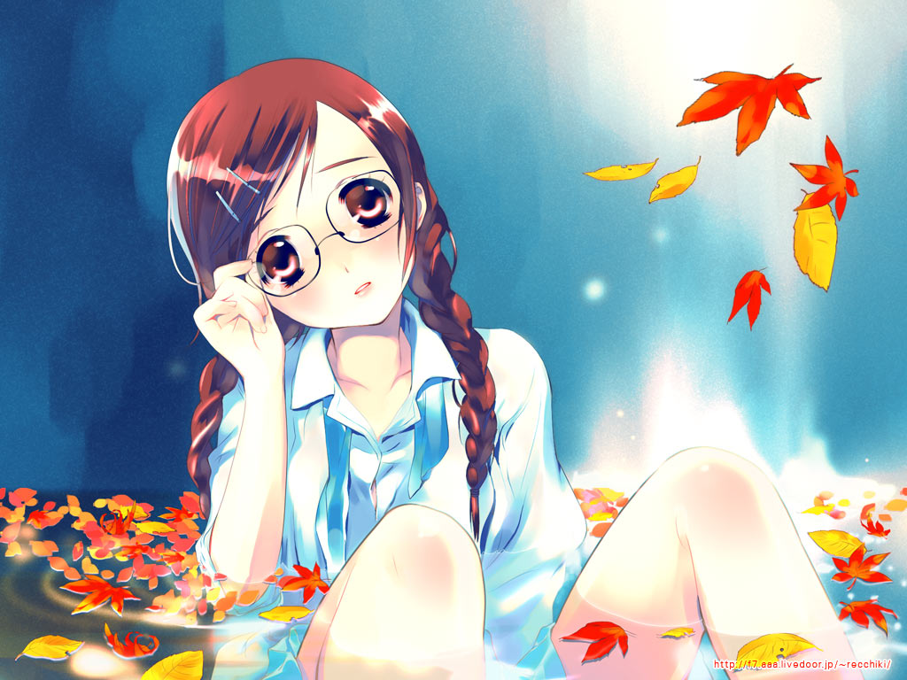 888, original, 1girl, adjusting eyewear, autumn leaves, blouse, blue background, braid, collared shirt, falling leaves, female focus, glasses, hair ornament, hair over shoulder, hairclip, head tilt, leaf, shirt, sitting, sleeves rolled up, solo, swept bangs, twin braids, watermark, web address, white shirt