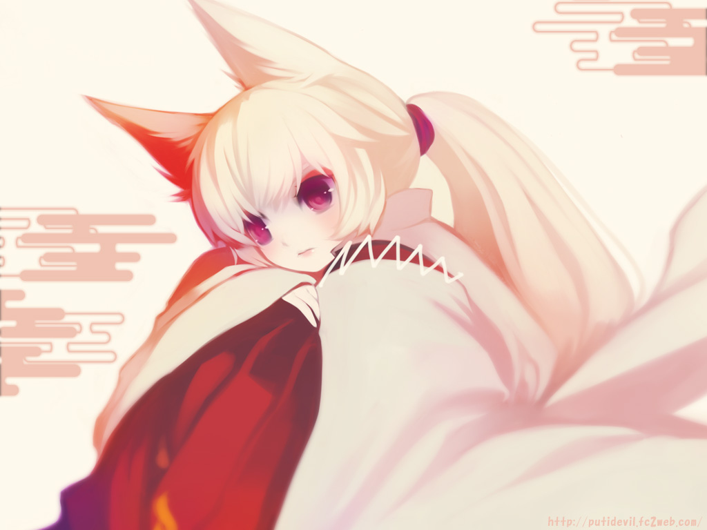 puti devil, original, 1girl, albino, animal ears, egasumi, female focus, fox ears, hakama, hakama skirt, japanese clothes, long hair, miko, ponytail, red eyes, red hakama, sitting, skirt, solo, watermark, white hair