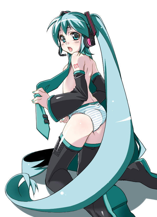 yoshihara maito, hatsune miku, vocaloid, 1girl, aqua necktie, ass, back, black thighhighs, blue eyes, blue hair, boots, detached sleeves, female focus, flat chest, green eyes, green hair, headphones, kneeling, long hair, looking back, matching hair/eyes, necktie, nipples, no pants, panties, solo, striped clothes, striped panties, tattoo, thigh boots, thighhighs, topless female, twintails, underwear, very long hair, zettai ryouiki