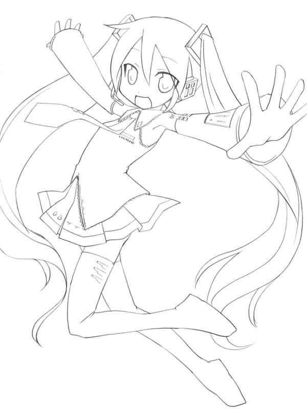 takami ryo, takami ryou, hatsune miku, vocaloid, 1girl, armpits, blouse, collared shirt, eyes visible through hair, female focus, foreshortening, full body, greyscale, hair between eyes, long hair, monochrome, shirt, sleeveless, sleeveless shirt, solo, tattoo, thighhighs, twintails, very long hair, white background