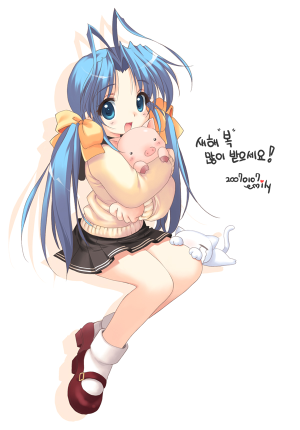 emily (pure dream), nymphclub, shoe strap, archived source, translation request, 1girl, 2000s (style), animal, ankle socks, antenna hair, aqua hair, artist name, black skirt, blue eyes, blush, bow, brown shoes, cat, crying, dress shoes, drop shadow, english text, full body, gold buckle, hair intakes, holding, holding animal, invisible chair, korean text, legs together, long hair, long sleeves, looking at viewer, low-tied long hair, low twintails, mary janes, microskirt, nose blush, open mouth, pig, pleated skirt, rumirumi, shoe buckle, shoes, simple background, sitting, skirt, sleeve cuffs, socks, streaming tears, sweater, tears, twintails, white cat, white fur, white socks, white tail, yellow background, yellow bow, yellow sleeve cuffs, yellow sleeves, yellow sweater