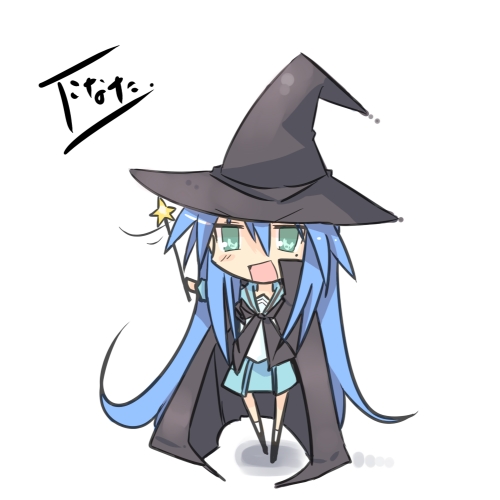 kanikama, izumi konata, nagato yuki, lucky star, suzumiya haruhi no yuuutsu, lowres, 1girl, cape, chibi, cosplay, crossover, female focus, hat, mole, mole under eye, nagato yuki (cosplay), solo, witch hat