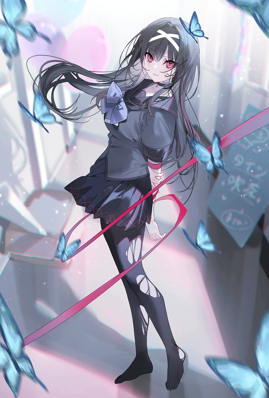 miwano rag, reidou momiji, fushi tantei: reidou momiji, highres, novel illustration, official art, textless version, 1girl, arms behind back, black choker, black hair, black pantyhose, black sailor collar, black serafuku, black shirt, black skirt, blue bow, blue butterfly, bow, bug, butterfly, chest bow, choker, floating hair, from side, hair intakes, hallway, holding own arm, indoors, insect, long hair, looking at viewer, no shoes, pantyhose, pleated skirt, red eyes, red ribbon, ribbon, sailor collar, school uniform, serafuku, shirt, short sleeves, skirt, smile, solo, standing, torn clothes, torn pantyhose