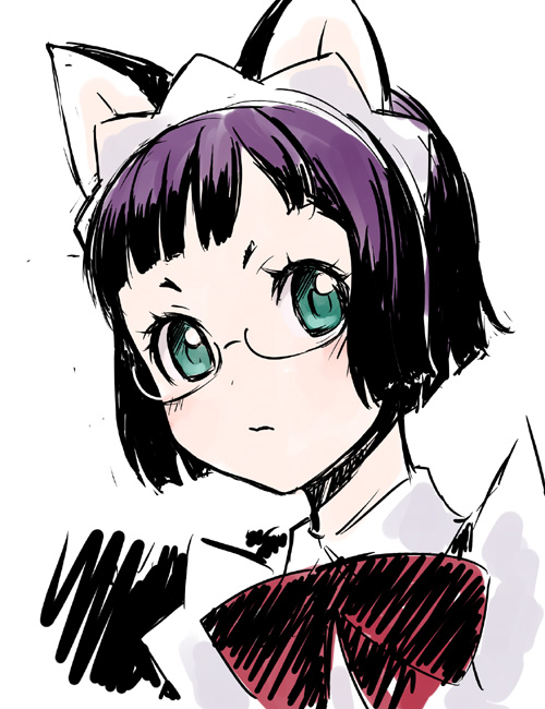 ha-ru, original, animal ears, cat ears, glasses, maid, portrait, sketch, solo