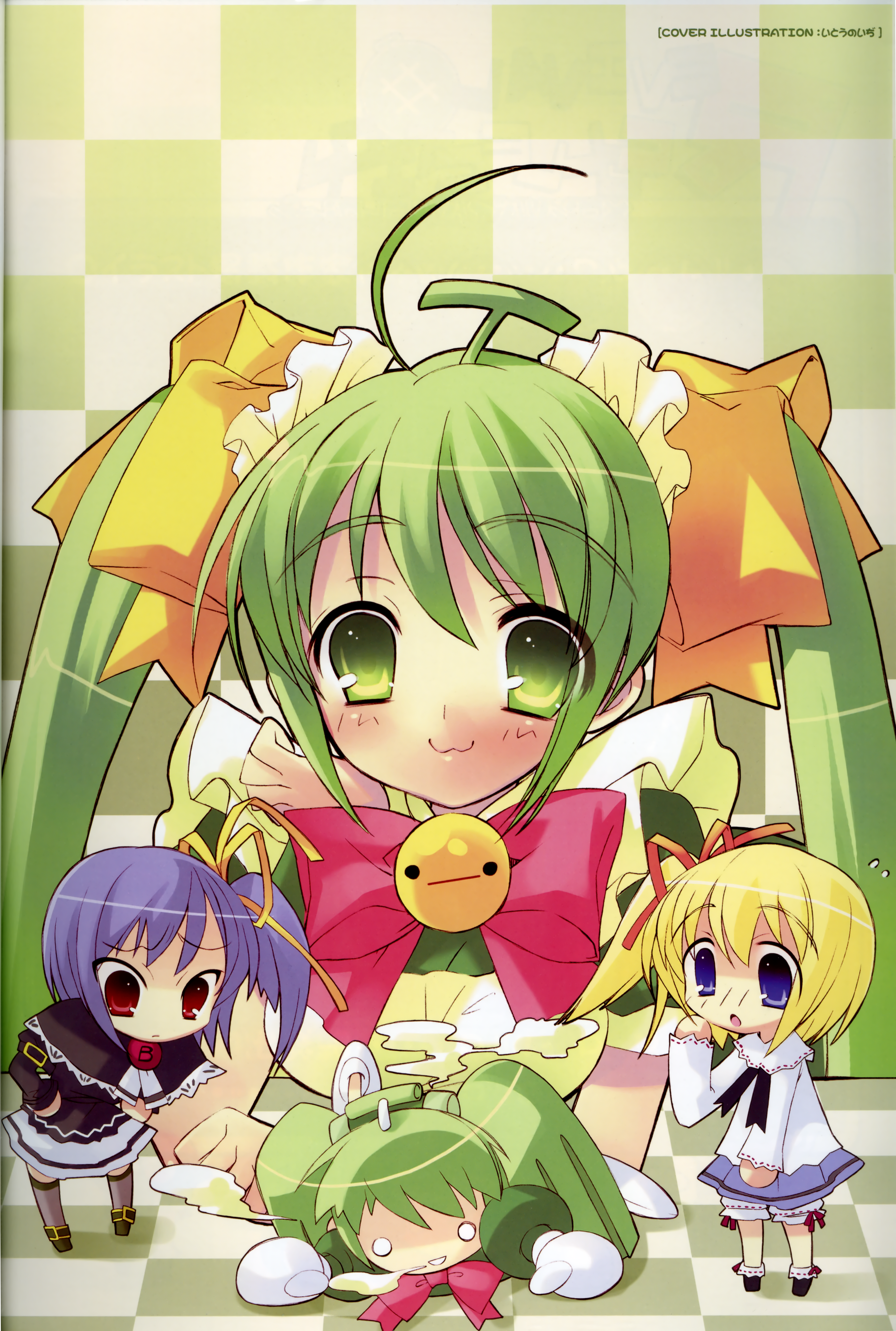 ito noizi, black lemon-chan, lemon-chan, melon-chan, melonbooks, absurdres, highres, huge filesize, 3girls, bell, bow, chibi, green eyes, green hair, jingle bell, multiple girls, ribbon, yellow bow