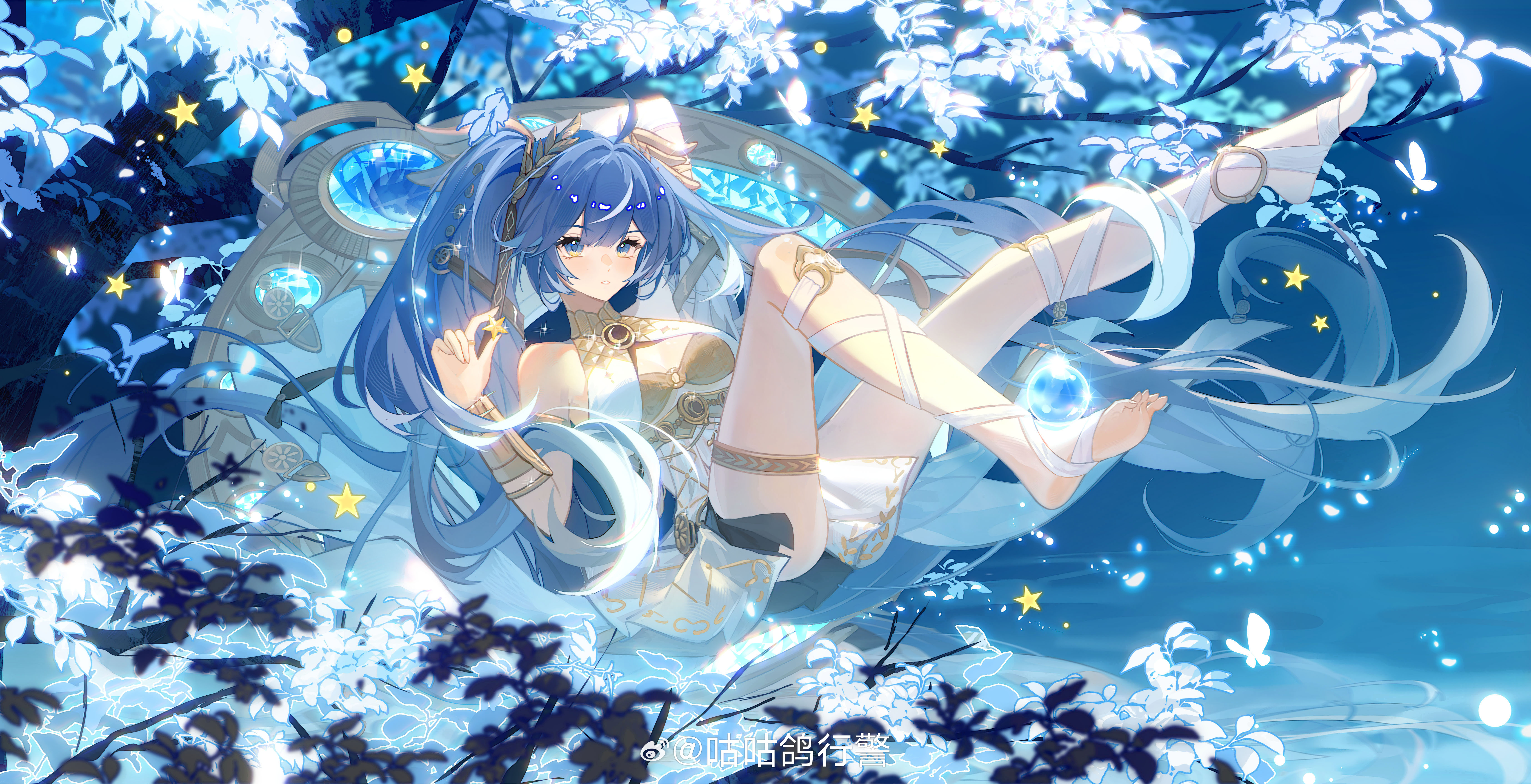 guguge, iuno (wuthering waves), wuthering waves, absurdres, highres, 1girl, ahoge, ancient greek clothes, arm up, bare shoulders, barefoot, black skirt, blue eyes, blue hair, blush, breasts, cleavage, feet up, full body, gold bra, greco-roman clothes, hair belt, head wreath, holding, holding star, jewelry, leg wrap, long hair, looking at viewer, medium breasts, miniskirt, missing commentary, multicolored hair, parted lips, showgirl skirt, skirt, solo, star (symbol), streaked hair, thighlet, thighs, toes, twintails, very long hair