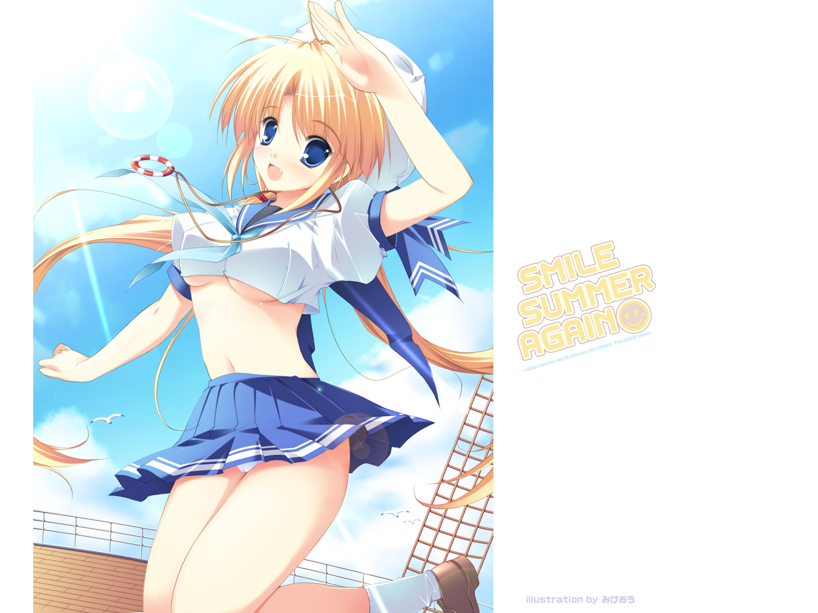 mikeou, smile summer again, highres, 1girl, blonde hair, blue eyes, breasts, day, female focus, happy, hat, jumping, long hair, medium breasts, midriff, panties, pantyshot, pleated skirt, ribbon, sailor, shoes, skirt, sky, socks, solo, sunlight, twintails, underboob, underwear, upskirt