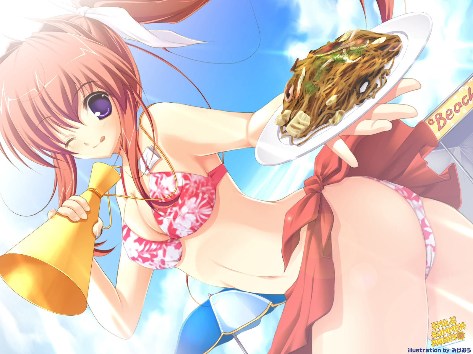 mikeou, pink chuchu, smile summer again, highres, 1girl, bikini, cloud, day, female focus, one eye closed, panties, pink bikini, purple eyes, red hair, ribbon, sarong, sky, solo, swimsuit, tongue, underwear, wink