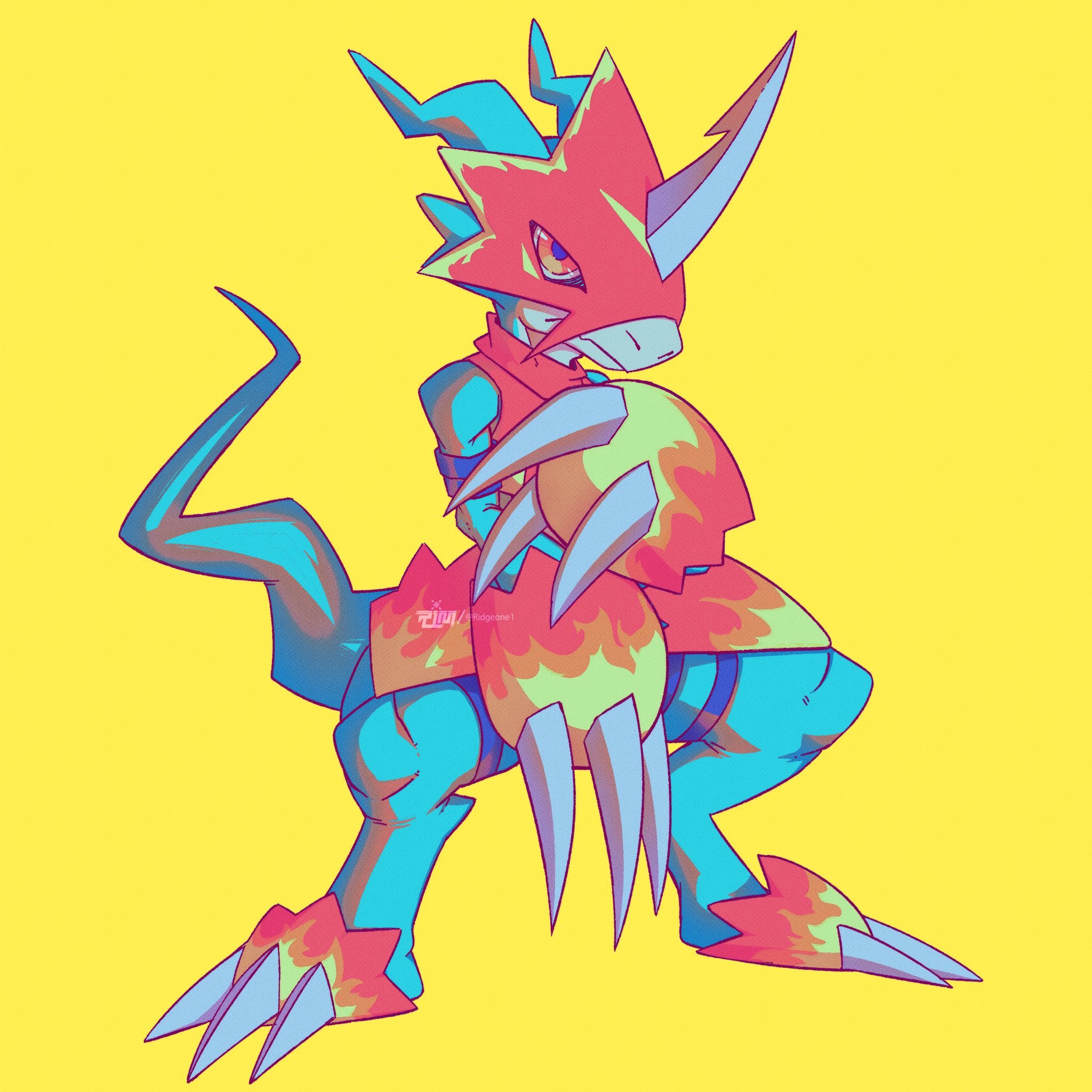 ridgeone, fladramon, digimon, highres, claws, digimon (creature), horns, looking at viewer, no humans, simple background, single horn, solo, tail, yellow background