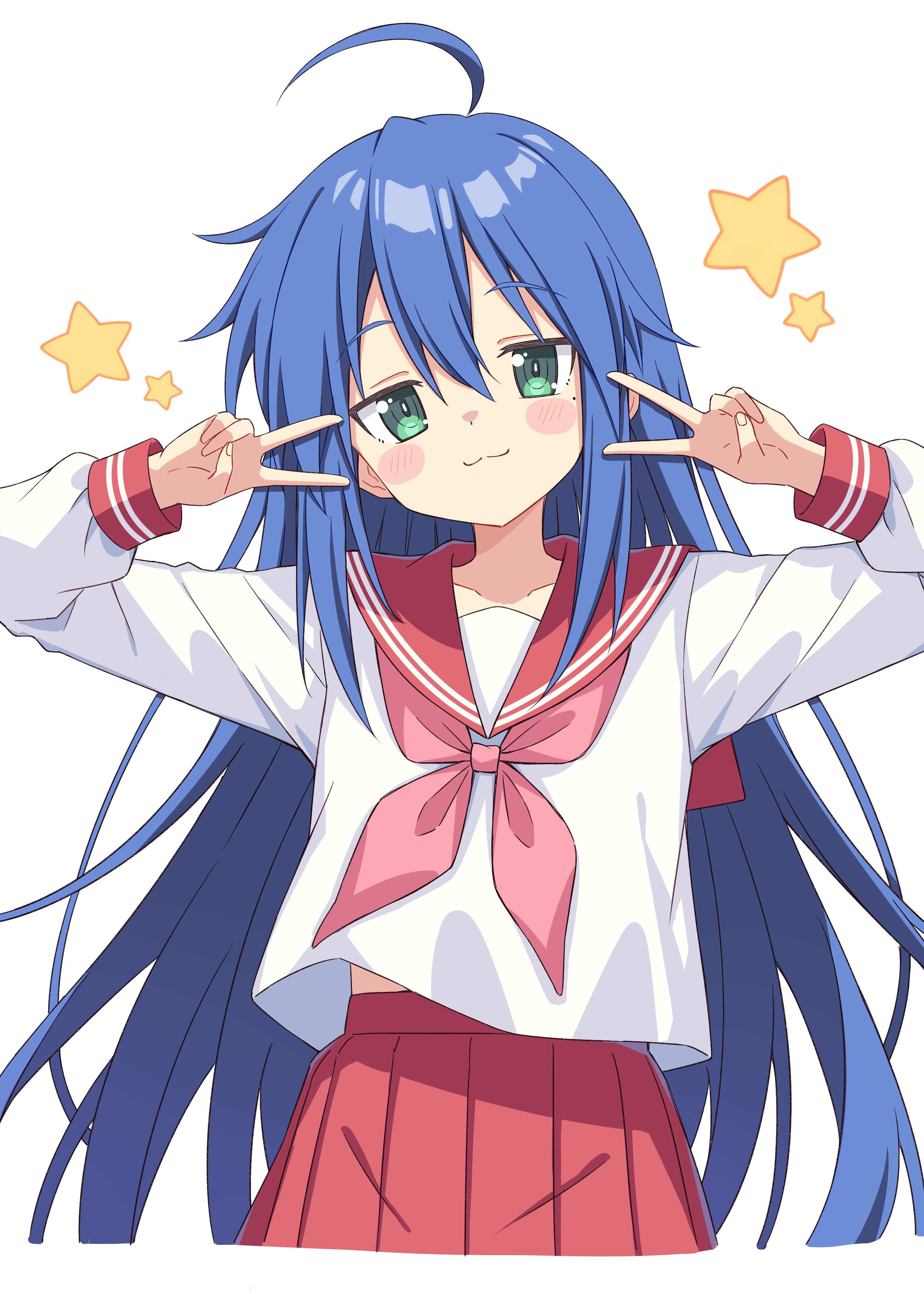 setteiset, izumi konata, lucky star, absurdres, highres, 1girl, ahoge, blue hair, blush, double v, green eyes, long hair, long sleeves, looking at viewer, mole, mole under eye, neckerchief, pink neckerchief, red sailor collar, red skirt, ryouou school uniform, sailor collar, school uniform, serafuku, shirt, simple background, skirt, smile, solo, v, white background, white shirt