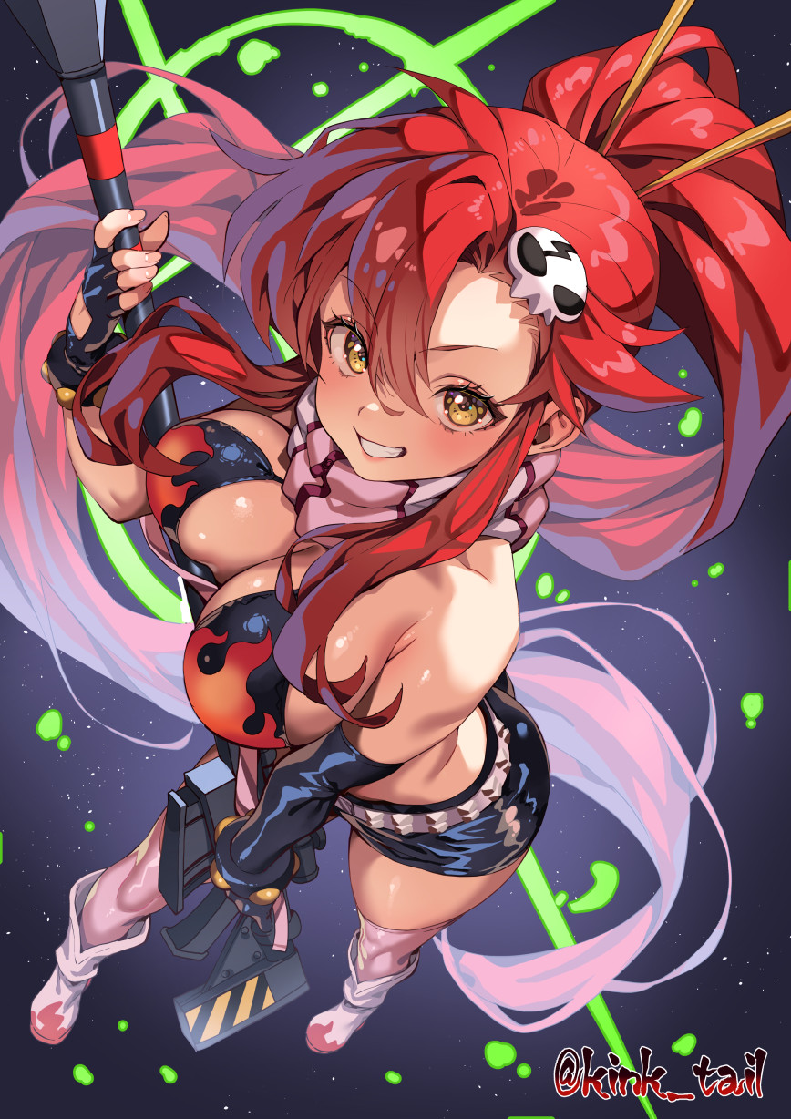 kink (tortoiseshell), yoko littner, tengen toppa gurren lagann, highres, 1girl, anti-materiel rifle, bikini, bikini top only, blush, breasts, cleavage, fingerless gloves, flame print, gloves, gun, hair ornament, large breasts, long hair, looking at viewer, micro shorts, navel, no shirt, pink thighhighs, ponytail, red hair, rifle, scarf, short shorts, shorts, skull hair ornament, smile, sniper rifle, solo, striped clothes, striped scarf, swimsuit, thighhighs, weapon, yellow eyes