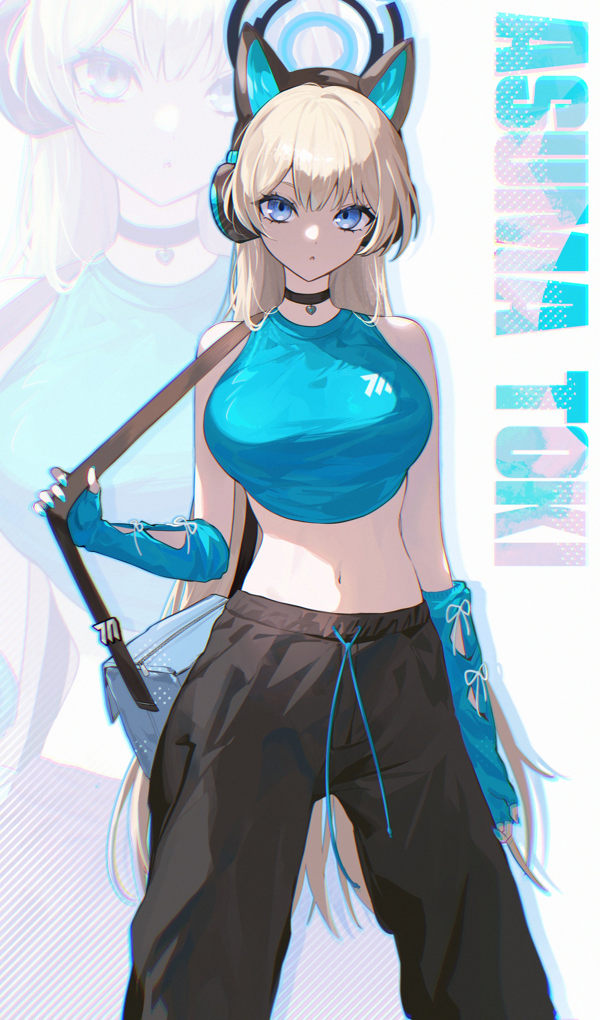 hibiwa, toki (blue archive), blue archive, absurdres, highres, 1girl, animal ear headphones, animal ears, bag, black choker, black pants, blonde hair, blue bag, blue eyes, blue gloves, blue halo, breasts, cat ear headphones, cat ears, character name, choker, fake animal ears, fingerless gloves, gloves, halo, headphones, holding, holding bag, large breasts, long hair, looking at viewer, midriff, navel, pants, solo, standing, zoom layer