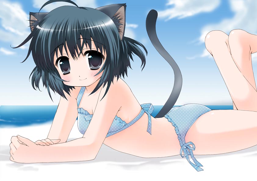 kuro (nyago kuromaru), original, 1girl, ahoge, animal ears, barefoot, beach, bikini, black eyes, black hair, cat ears, cat tail, cloud, day, female focus, lying, on stomach, outdoors, polka dot, polka dot bikini, polka dot swimsuit, short hair, side-tie bikini bottom, sky, solo, swimsuit, tail