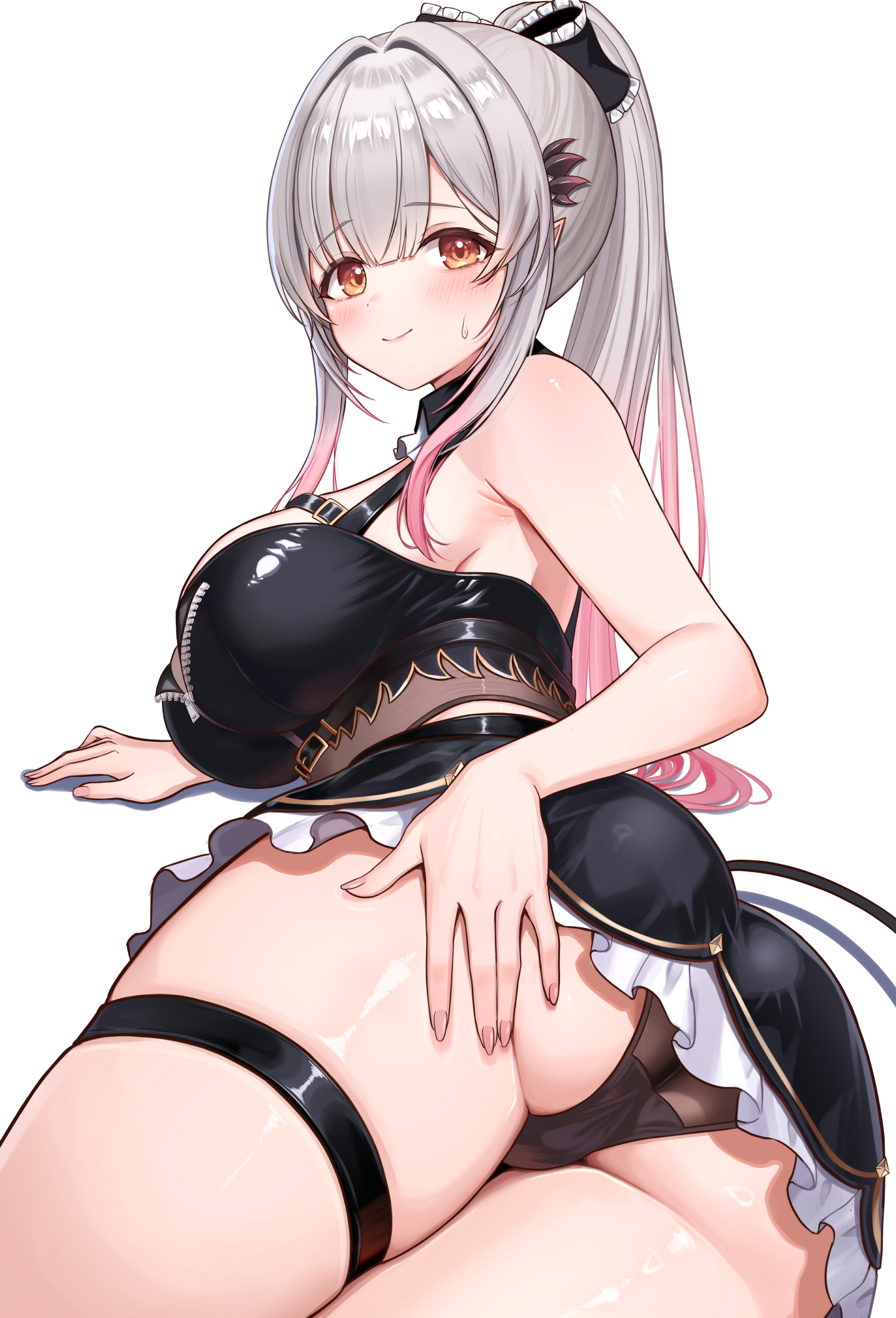 daysss, suou patra, indie virtual youtuber, highres, 1girl, bare shoulders, black panties, black shirt, black skirt, blush, bow, breasts, crop top, frilled skirt, frills, grey hair, hair bow, large breasts, long hair, looking at viewer, multicolored hair, off shoulder, orange eyes, panties, pink bow, pink hair, ponytail, shirt, skirt, smile, solo, thigh strap, two-tone hair, underwear