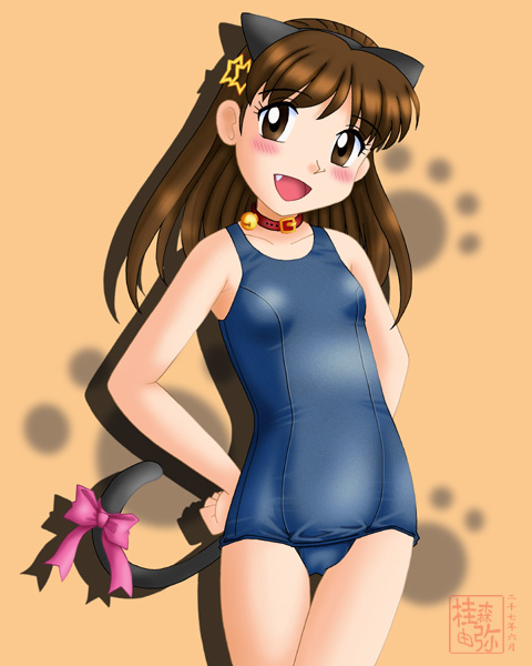 neopure, animal ears, cat ears, collar, one-piece swimsuit, school swimsuit, solo, swimsuit