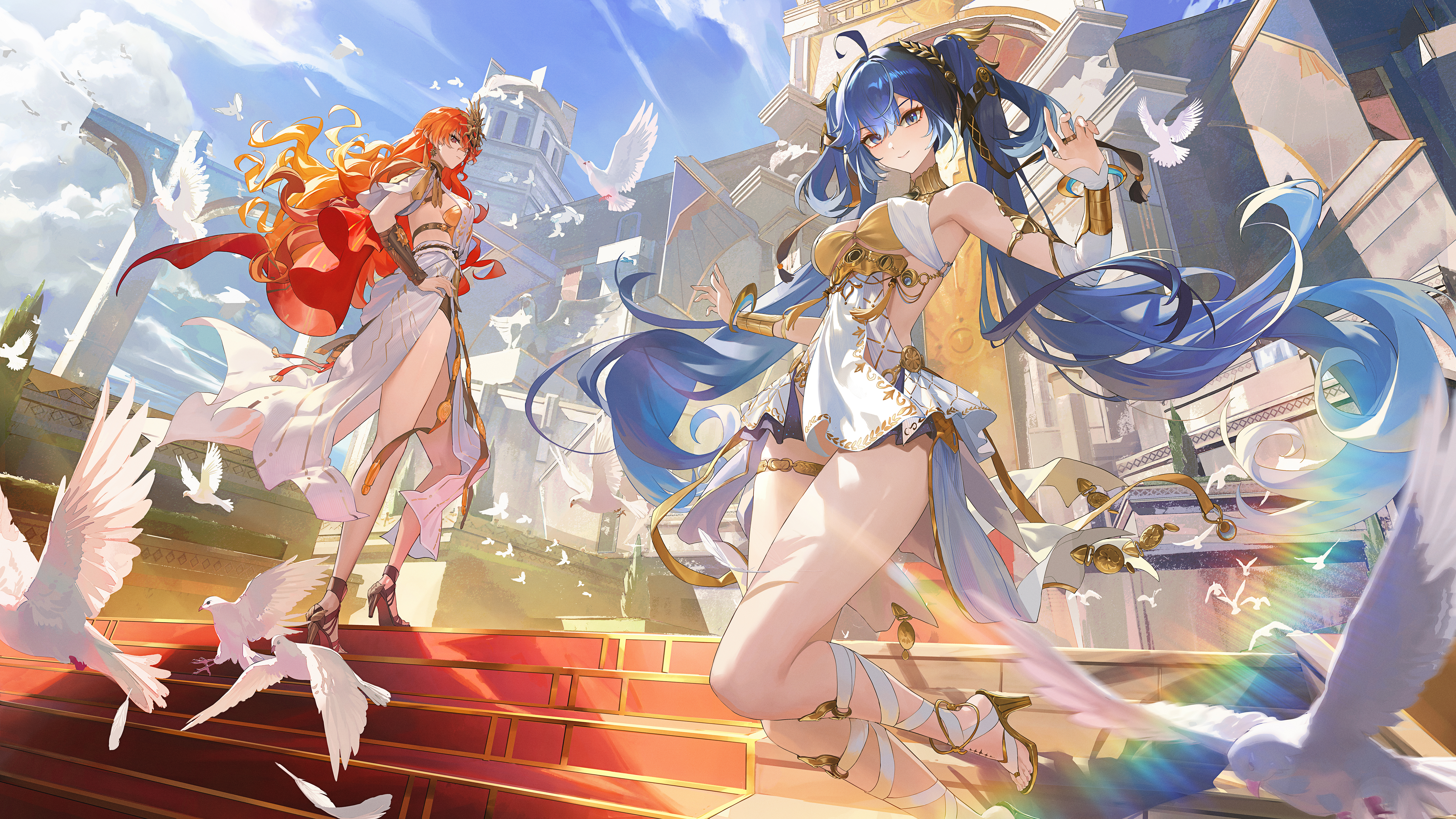 ttk (kirinottk), augusta (wuthering waves), iuno (wuthering waves), wuthering waves, absurdres, commentary, highres, official art, 2girls, ahoge, ancient greek clothes, arm armor, armor, bare shoulders, bird, black skirt, blue eyes, blue hair, blue sky, breastplate, breasts, closed mouth, copyright notice, dated, day, dress, gladiator sandals, gold bra, greco-roman clothes, hair belt, hair between eyes, hand on own hip, hand up, head wreath, headgear, jewelry, logo, long hair, looking at viewer, looking to the side, medium breasts, miniskirt, multiple girls, orange eyes, orange hair, outdoors, sandals, skirt, sky, smile, tacet mark (wuthering waves), thighlet, thighs, twintails, white bird, white dress