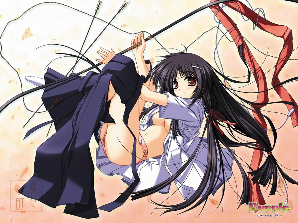 tsukimori hiro, ariga mikoto, natsuiro komachi, 1girl, arrow (projectile), black hair, breasts, female focus, hakama, hakama skirt, japanese clothes, long hair, open clothes, open shirt, panties, shirt, skirt, solo, underwear