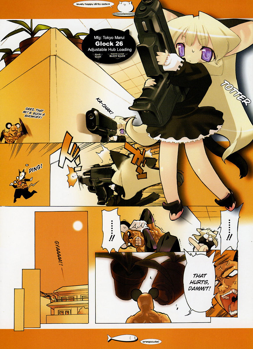 blade (galaxist), hard-translated, highres, third-party edit, translated, anger vein, animal ears, cat ears, chibi, comic, english text, glock, gun, handgun, mouse ears, purple eyes, weapon