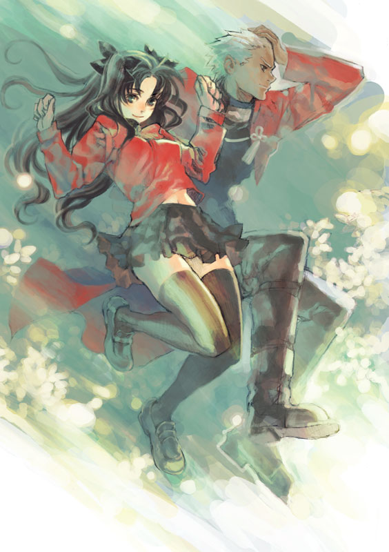 fujikawa akira, archer (fate), tohsaka rin, fate/stay night, fate (series), 00s, 1boy, 1girl, midriff, thighhighs, turtleneck