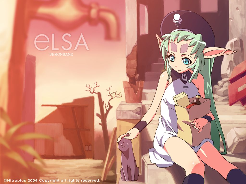 youta, elsa, demonbane, nitroplus, pot, official art, official wallpaper, 00s, 1girl, bag, bare shoulders, beret, black cat, black socks, blue eyes, blurry, building, cat, character name, copyright name, dated, depth of field, dress, facial mark, faucet, female focus, forehead mark, green hair, groceries, halterneck, hat, headpat, holding, kneehighs, leaf, long hair, long pointy ears, outdoors, paper bag, pointy ears, ruins, short dress, sitting, sleeveless, sleeveless dress, smile, socks, solo, stairs, sunset, tree, turtleneck, very long hair, watermark, wristband, zipper