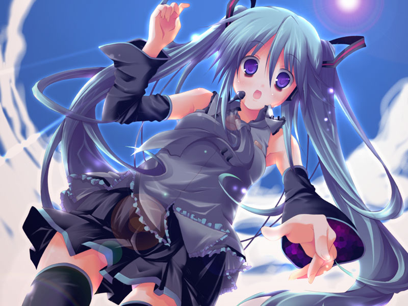utsurogi angu, hatsune miku, vocaloid, 1girl, bags under eyes, black thighhighs, blouse, blue hair, boots, collared shirt, day, detached sleeves, female focus, frilled shirt, frills, from below, grey necktie, grey shirt, hair between eyes, long hair, necktie, outdoors, shirt, sleeveless, sleeveless shirt, solo, surprised, thigh boots, thighhighs, twintails, very long hair, zettai ryouiki