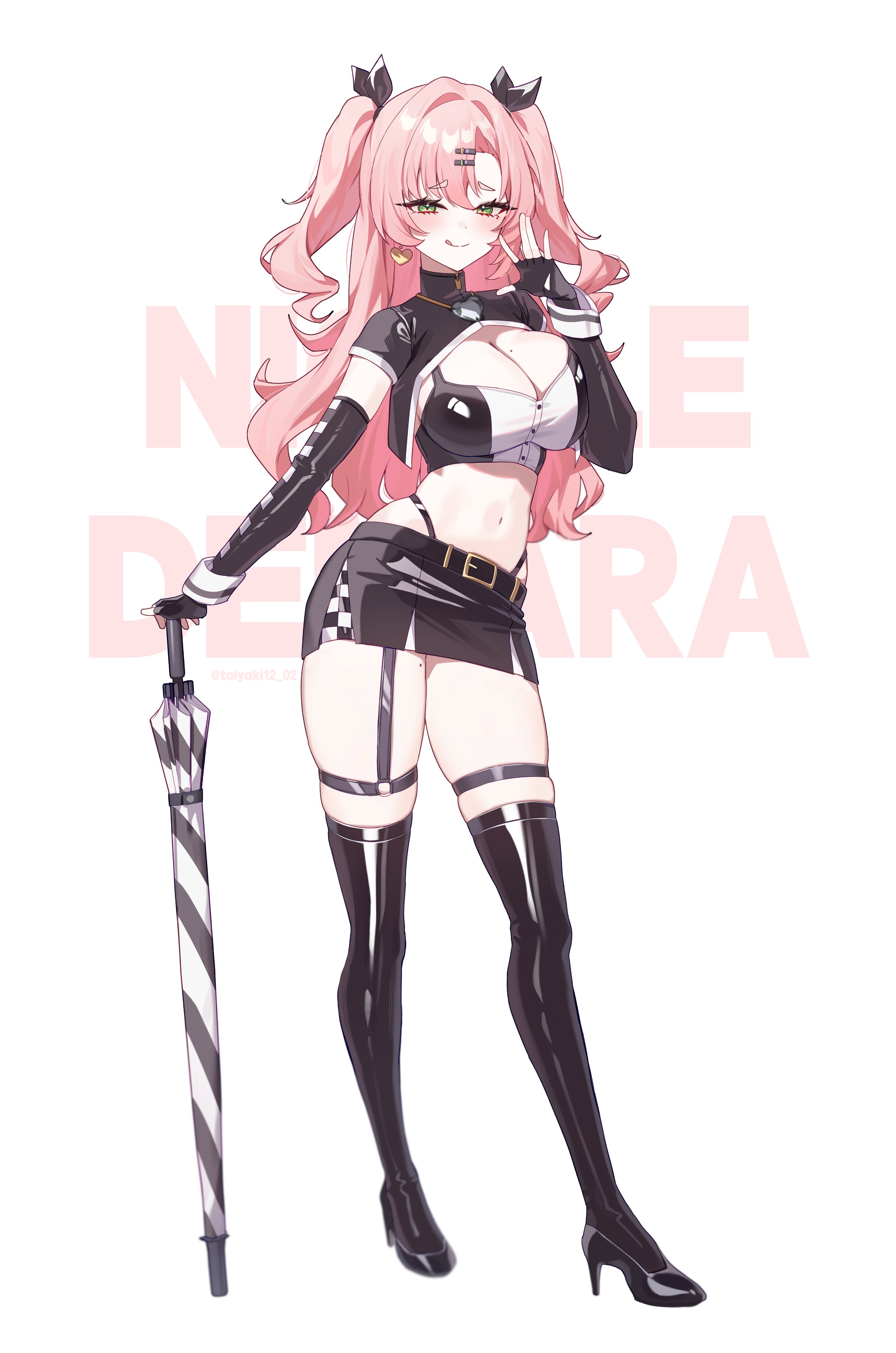 taiyaki12, nicole demara, zenless zone zero, absurdres, commentary, highres, 1girl, :q, belt, black gloves, black jacket, black shoes, black skirt, black thighhighs, breasts, checkered clothes, cleavage, closed mouth, crop top, cropped jacket, elbow gloves, fingerless gloves, full body, gloves, green eyes, hair ribbon, hand up, high heels, highleg, jacket, large breasts, long hair, looking at viewer, midriff, miniskirt, mole, mole on breast, mole on thigh, mole under eye, navel, panty straps, pencil skirt, pink hair, race queen, ribbon, shiny clothes, shiny legwear, shirt, shoes, skindentation, skirt, sleeveless, sleeveless shirt, smile, solo, standing, thigh strap, thighhighs, thighs, tongue, tongue out, two-tone shirt, two side up, umbrella, zettai ryouiki