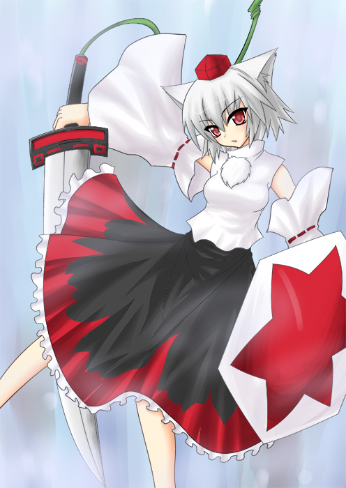 hassaku karin, ya-nyaa, inubashiri momiji, touhou, 1girl, animal ears, female focus, long skirt, shield, skirt, solo, sword, weapon, wolf ears
