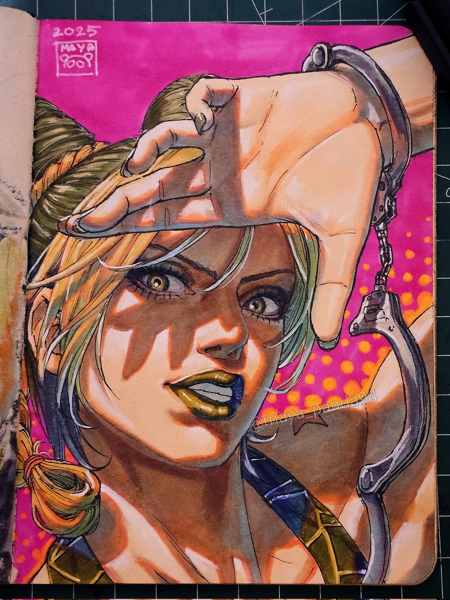 maya panda, kuujou jolyne, jojo no kimyou na bouken, stone ocean, commentary, highres, marker (medium), photo (medium), traditional media, 1girl, art tools in frame, birthmark, blonde hair, braid, braided bun, braided ponytail, bun with braided base, clenched teeth, cone hair bun, cuffs, dated, double bun, green eyes, green hair, green lips, green nails, green tank top, hair bun, halftone, hand up, handcuffs, joestar birthmark, looking at viewer, makeup, multicolored hair, parted lips, polka dot, polka dot background, portrait, shading eyes, shadow, signature, smile, solo, spider web print, tank top, teeth, two-tone hair