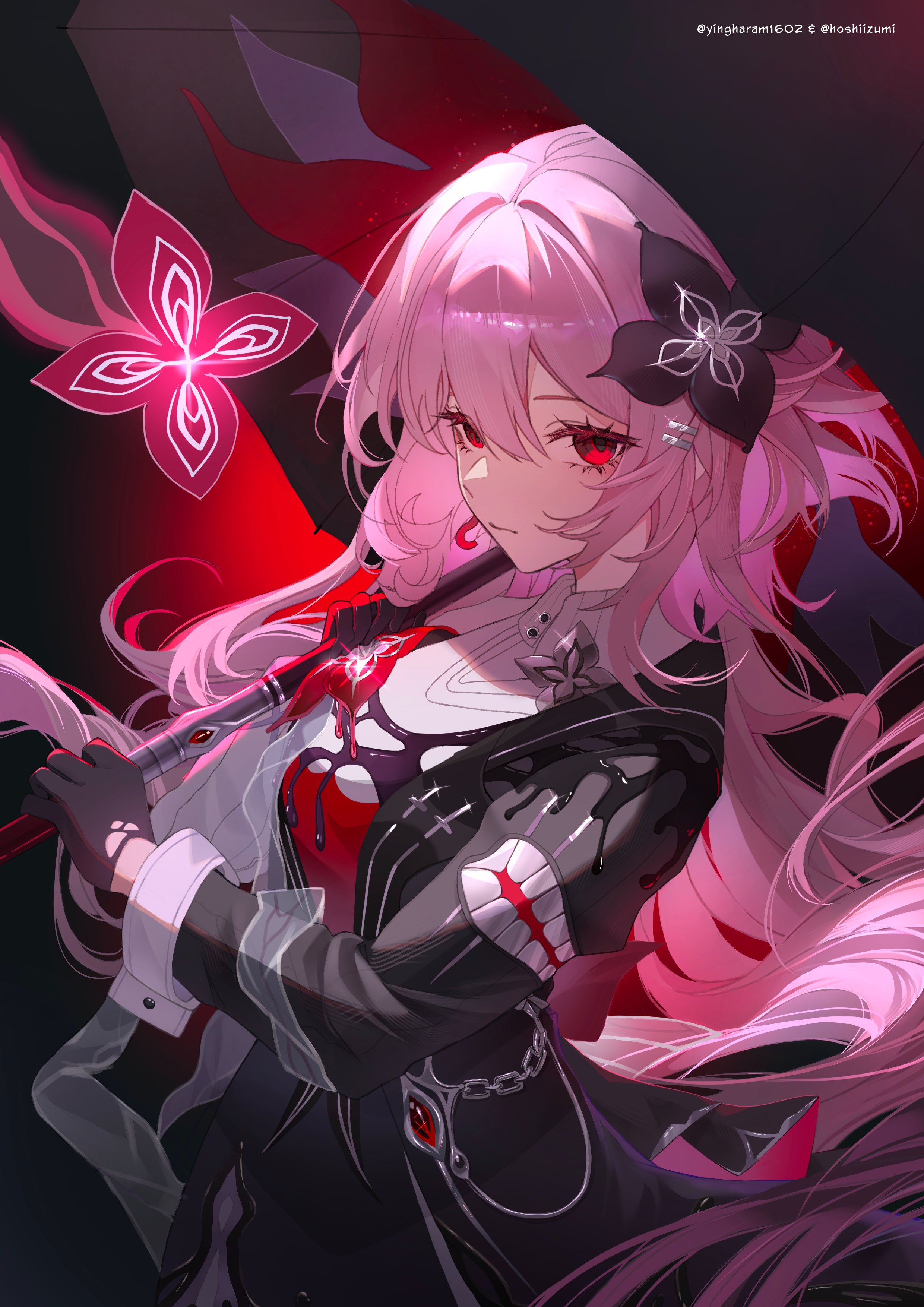 ying haram, evernight (honkai: star rail), march 7th (honkai: star rail), honkai: star rail, honkai (series), absurdres, highres, 1girl, black background, black dress, black gloves, black umbrella, breasts, dress, flower, gloves, hair flower, hair ornament, holding, holding umbrella, long hair, looking at viewer, medium breasts, pink hair, red eyes, shirt, solo, umbrella, umbrella over shoulder, white shirt