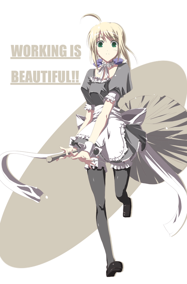 satomi (black scarecrow), artoria pendragon (fate), saber (fate), fate/stay night, fate (series), 00s, english text, engrish text, maid, official alternate costume, ranguage, thighhighs