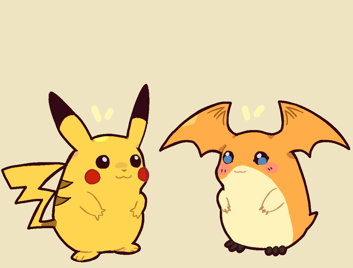 koasku, patamon, pikachu, digimon, nintendo, pokemon, blush, crossover, digimon (creature), gen 1 pokemon, no humans, orange fur, pokemon (creature), simple background, tail, two-tone fur, white background, wings, yellow fur
