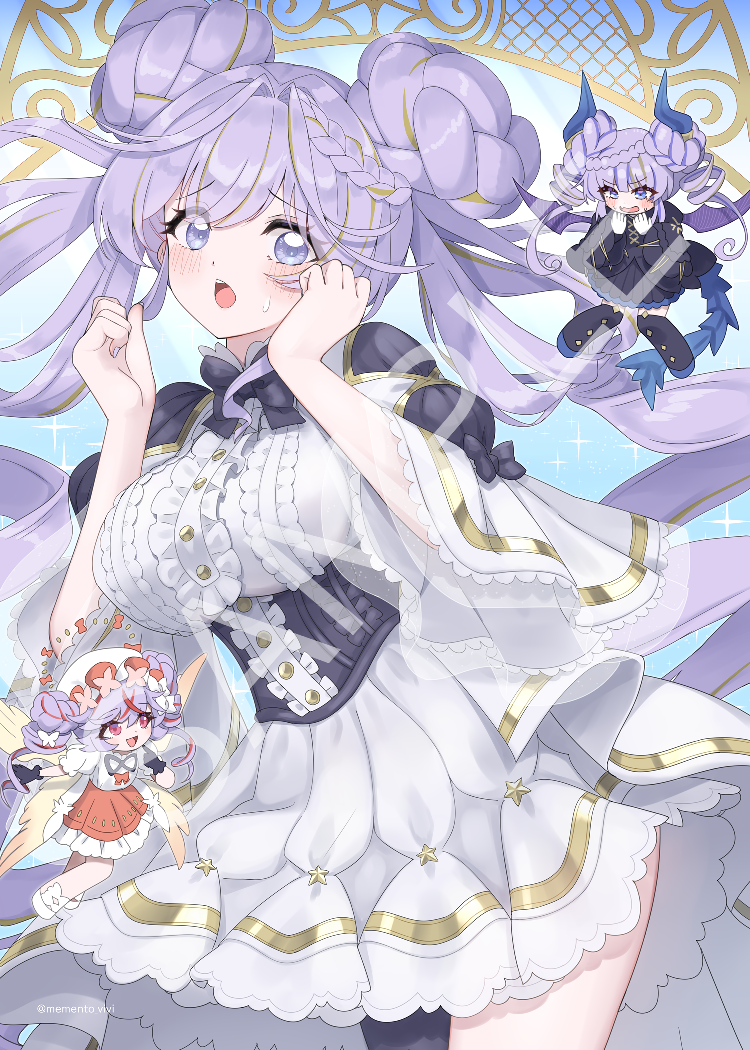 memento vivi, angello vaalmonica, dimonno vaalmonica, selettrice vaalmonica, yu-gi-oh!, highres, 3girls, angel and devil, angel wings, black dress, black gloves, black thighhighs, blush, braid, breasts, demon girl, demon horns, demon wings, dress, duel monster, frilled dress, frills, gloves, horns, large breasts, long hair, long sleeves, looking at viewer, multiple girls, open mouth, pink eyes, pink hair, puffy short sleeves, puffy sleeves, purple eyes, purple hair, sample watermark, short sleeves, smile, sweat, thighhighs, twin braids, twintails, very long hair, watermark, white gloves, wide sleeves, wings