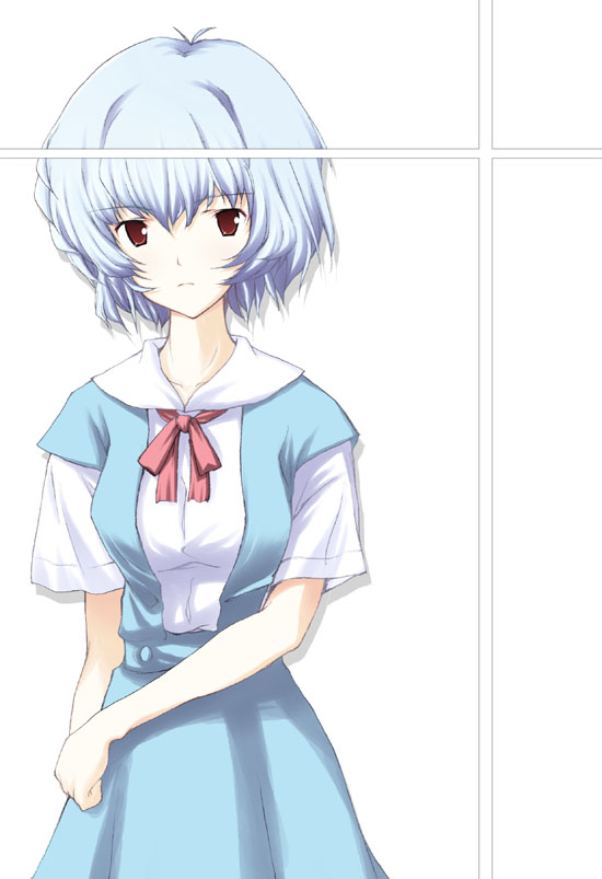 nishikiori jin, nishikiori kami, ayanami rei, neon genesis evangelion, blue hair, pale skin, red eyes, school uniform, serafuku, short hair, solo