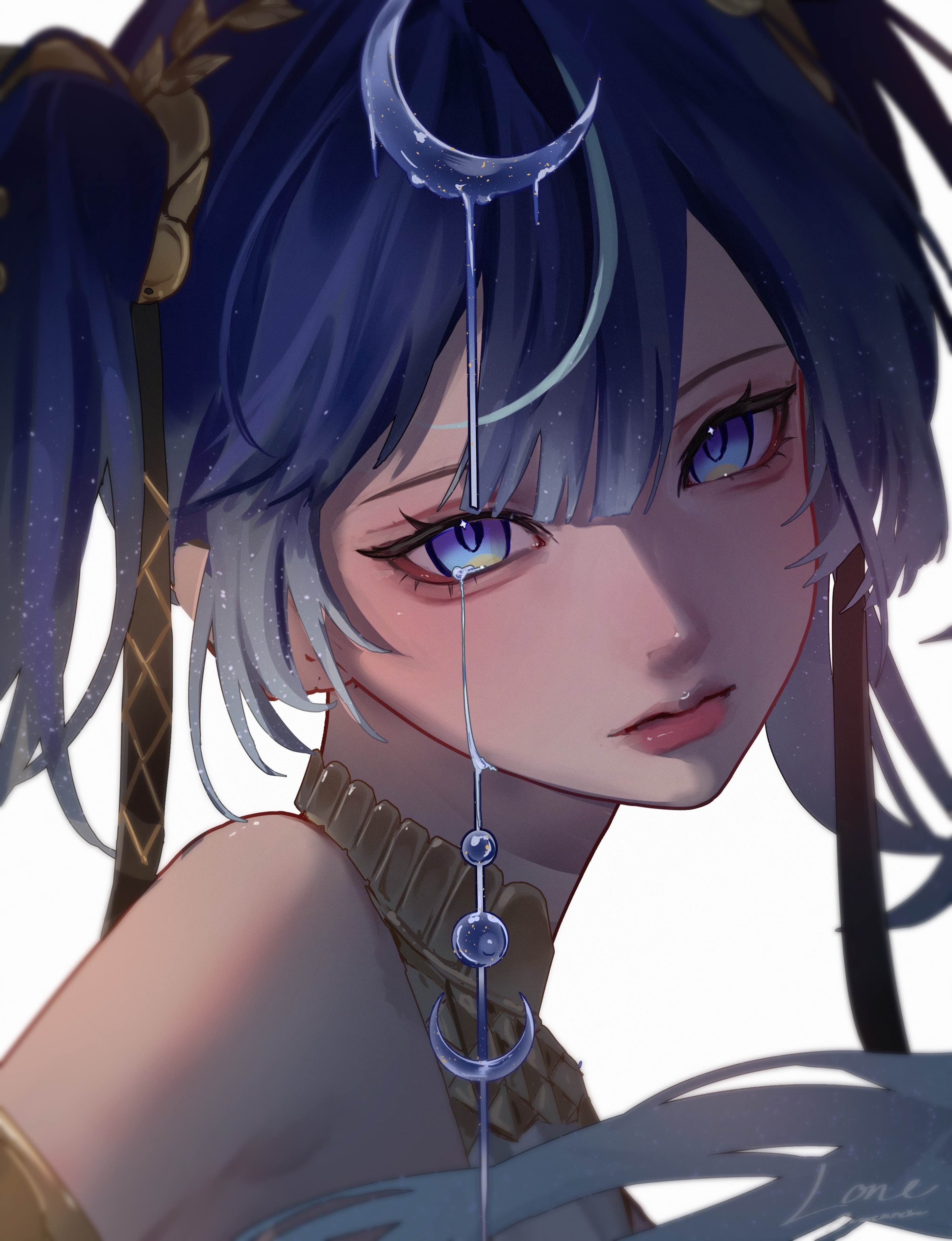 reverie (vuenreve), iuno (wuthering waves), wuthering waves, absurdres, commentary, hashtag-only commentary, highres, 1girl, bare shoulders, blue eyes, blue hair, closed mouth, crescent, from side, hair belt, head wreath, long hair, looking at viewer, looking to the side, portrait, signature, simple background, solo, tearing up, white background