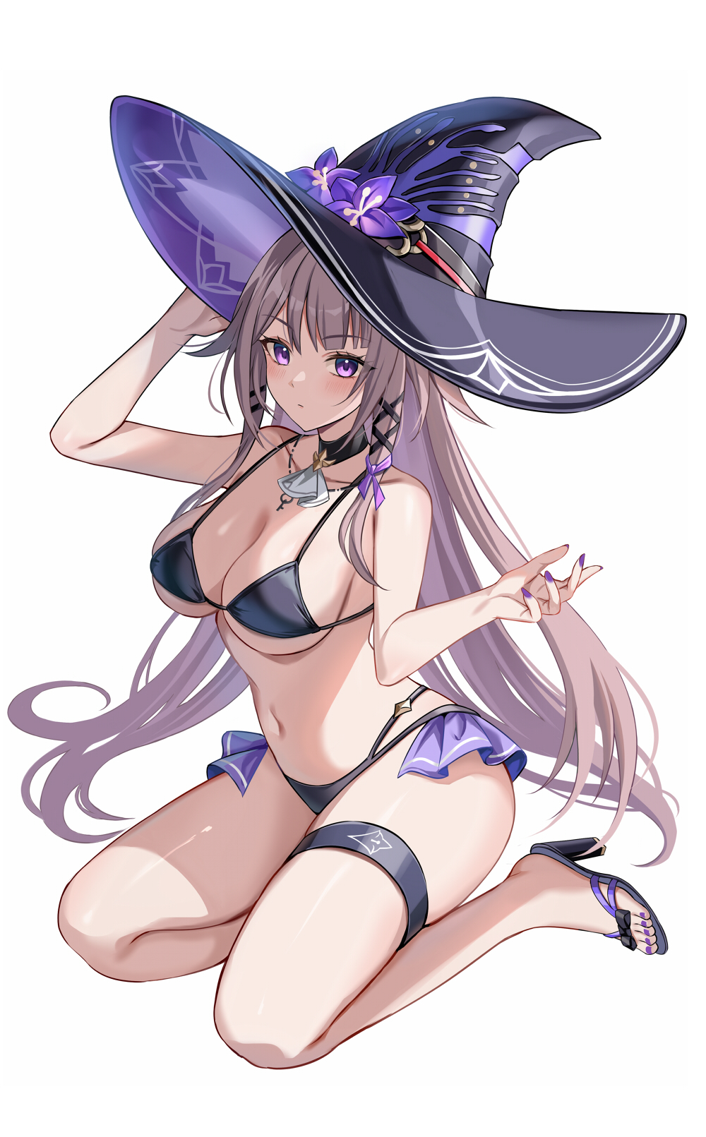 harimoji, herta (honkai: star rail), the herta (honkai: star rail), honkai: star rail, honkai (series), highres, 1girl, alternate costume, bikini, black bikini, black hat, black sandals, blush, breasts, brown hair, hat, high heel sandals, high heels, jewelry, key, key necklace, large breasts, long hair, looking at viewer, navel, necklace, purple eyes, sandals, sitting, solo, stomach, swimsuit, white background, witch hat