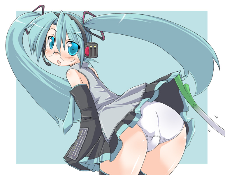 naitou kouse, hatsune miku, naitou, vocaloid, 1girl, aqua necktie, ass, bare shoulders, bent over, bespectacled, black thighhighs, blouse, blue eyes, blue hair, blush, clothes lift, collared shirt, detached sleeves, female focus, glasses, grey shirt, hair between eyes, hair ribbon, headset, long hair, looking back, matching hair/eyes, necktie, open mouth, outside border, panties, ribbon, shirt, skirt, skirt lift, sleeveless, sleeveless shirt, solo, spring onion, thighhighs, twintails, underwear, white panties