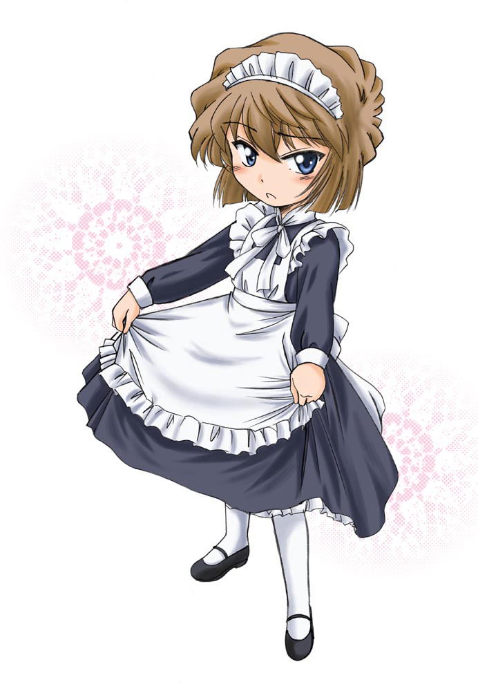 wan'yan aguda, haibara ai, meitantei conan, 1girl, aged down, alternate costume, apron, black shoes, blue eyes, brown hair, dress, female focus, maid, maid apron, maid headdress, pantyhose, shoes, skirt hold, solo, standing, white background, white pantyhose