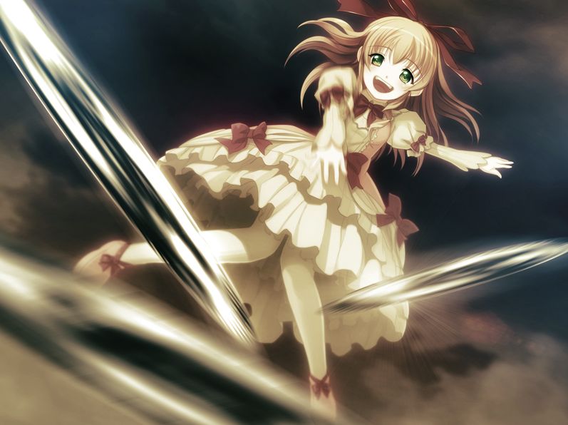 oosaki shin'ya, iris (gekkou no carnevale), gekkou no carnevale, 1girl, blonde hair, female focus, frills, green eyes, knife, pantyhose, ribbon, solo, throwing, throwing knife, weapon