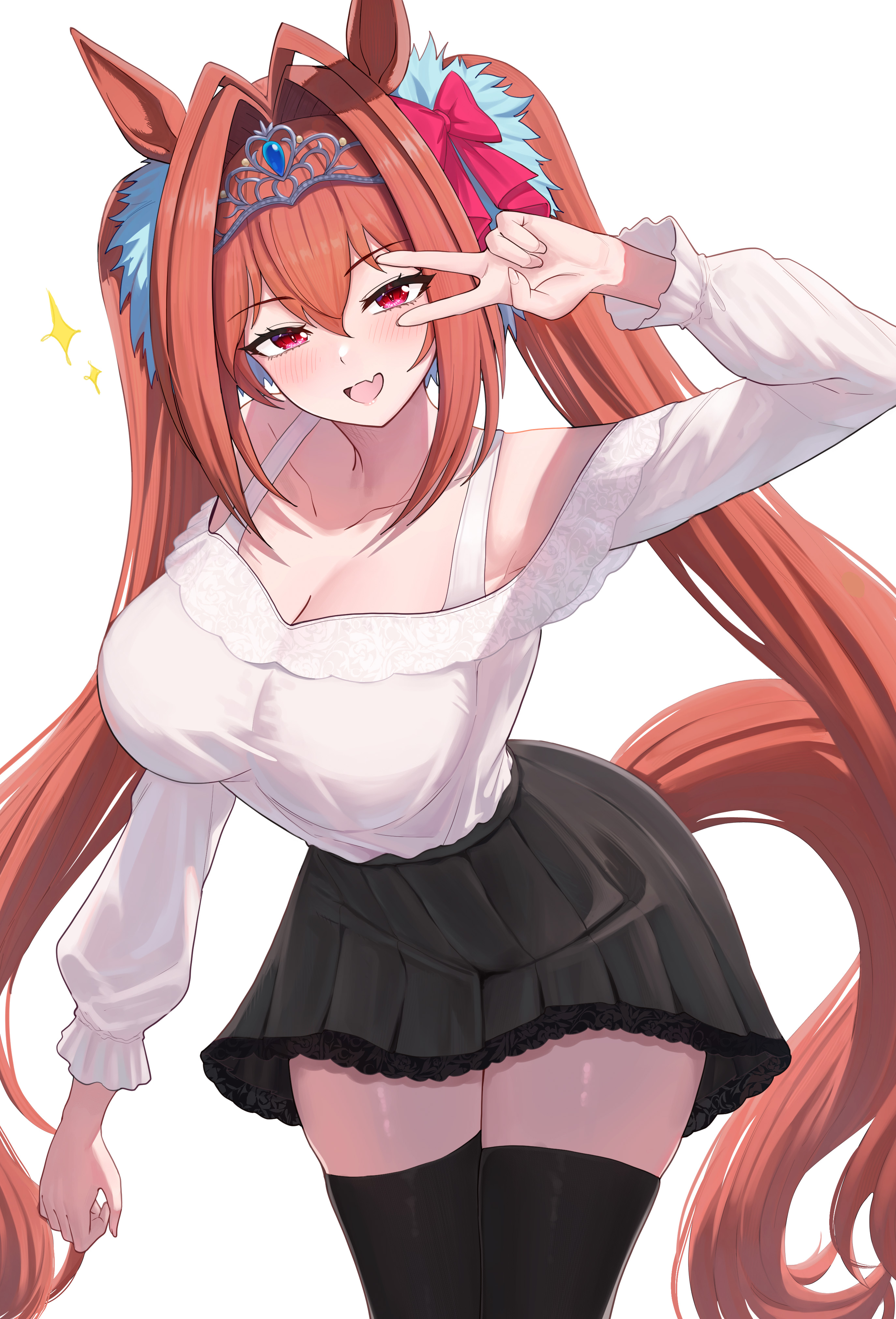 take978733141, daiwa scarlet (umamusume), absurdres, commentary request, highres, 1girl, alternate costume, animal ears, antenna hair, black skirt, black thighhighs, blush, bow, breasts, brown hair, cleavage, fang, frilled skirt, frills, horse ears, horse girl, horse tail, large breasts, long hair, looking at viewer, off-shoulder shirt, off shoulder, open mouth, red bow, red eyes, shirt, simple background, skin fang, skirt, smile, solo, tail, thighhighs, thighs, tiara, twintails, v, v over eye, very long hair, white background, white shirt, zettai ryouiki