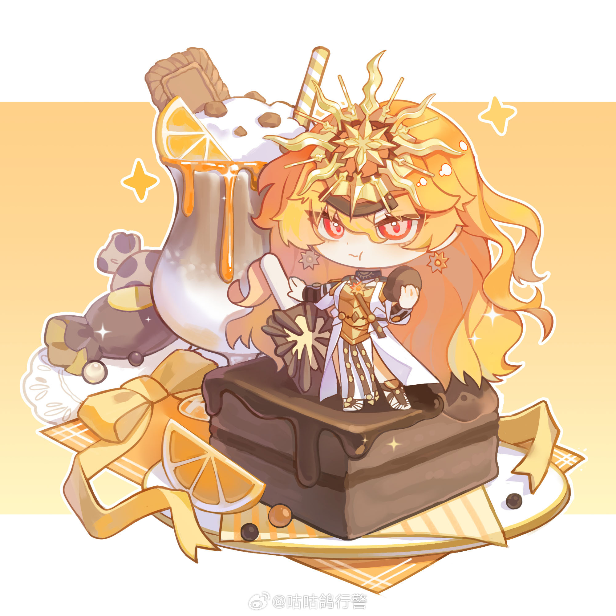 guguge, augusta (wuthering waves), wuthering waves, highres, 1girl, armor, border, breastplate, candy wrapper, chibi, chibi only, chocolate, cup, dress, drinking glass, earrings, eating, food, fruit, headgear, ice cream, ice cream float, jewelry, long hair, looking at viewer, missing commentary, orange (fruit), orange background, orange hair, orange slice, red eyes, solo, standing, sun earrings, white border, white dress