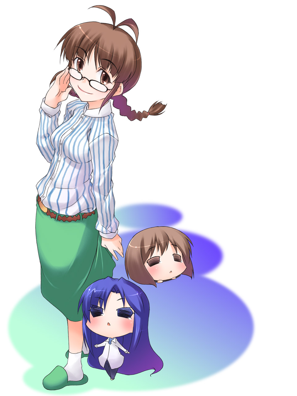 akane yuki, akizuki ritsuko, chihya, chihyaa, hagiwara yukiho, kisaragi chihaya, yukipo, idolmaster, idolmaster (classic), idolmaster 1, puchimasu!, highres, 00s, 3girls, adjusting eyewear, chibi, glasses, multiple girls, smile