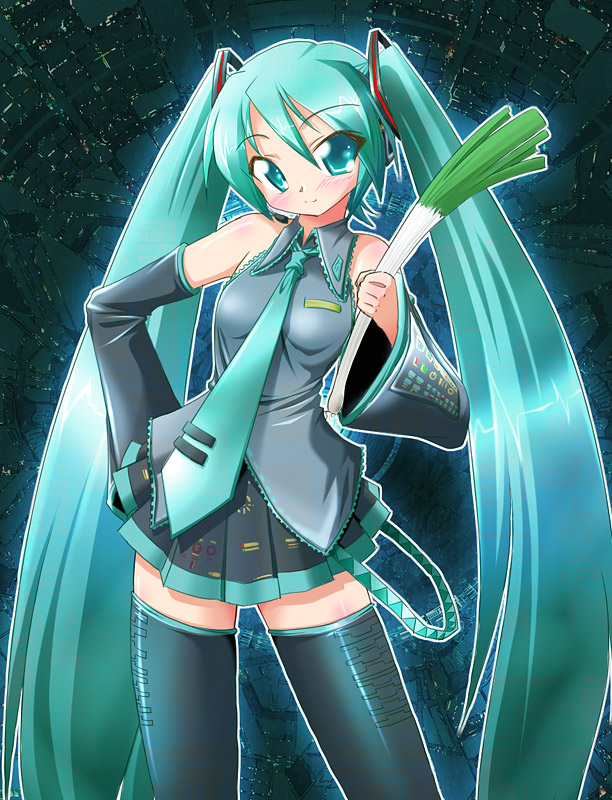 hirorin, nekono matatabi, hatsune miku, vocaloid, 1girl, aqua hair, aqua necktie, black background, black thighhighs, blouse, collared shirt, cowboy shot, female focus, food, frilled shirt, frills, grey shirt, hair between eyes, hand on own hip, long hair, necktie, outline, shirt, sleeveless, sleeveless shirt, solo, spring onion, thighhighs, twintails, vegetable, very long hair, zettai ryouiki