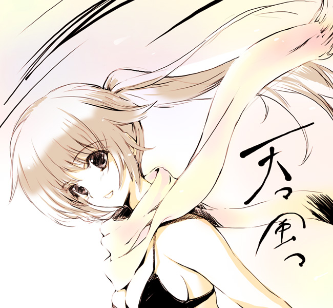 iizuki tasuku, kasumi (doa), dead or alive, tecmo, 1girl, bikini, bikini top only, breasts, female focus, monochrome, muted color, ponytail, scarf, smile, solo, swimsuit