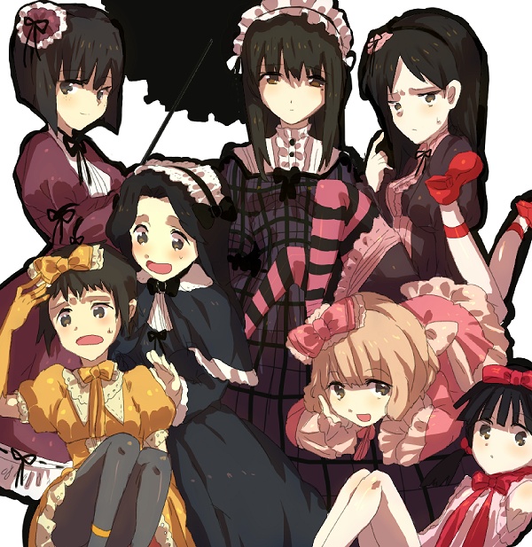 emi (emi43), ano maki, honda chizuru, komoda takami, machi youko, nakarai mako, tokosumi aiko, ushiro kana, bokurano, 6+girls, black hair, blonde hair, blush, brown hair, everyone, gloves, goth fashion, gothic lolita, lolita fashion, multiple girls, ribbon, thighhighs