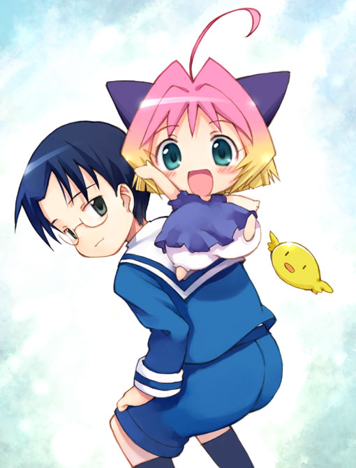 kito (sorahate), moriyama sunao, potemayo (character), potemayo, 00s, 1boy, 1girl, :d, baby animal, bird, black eyes, black hair, blonde hair, blush, chick, glasses, gradient hair, green eyes, multicolored hair, open mouth, pink hair, school uniform, serafuku, short hair, smile