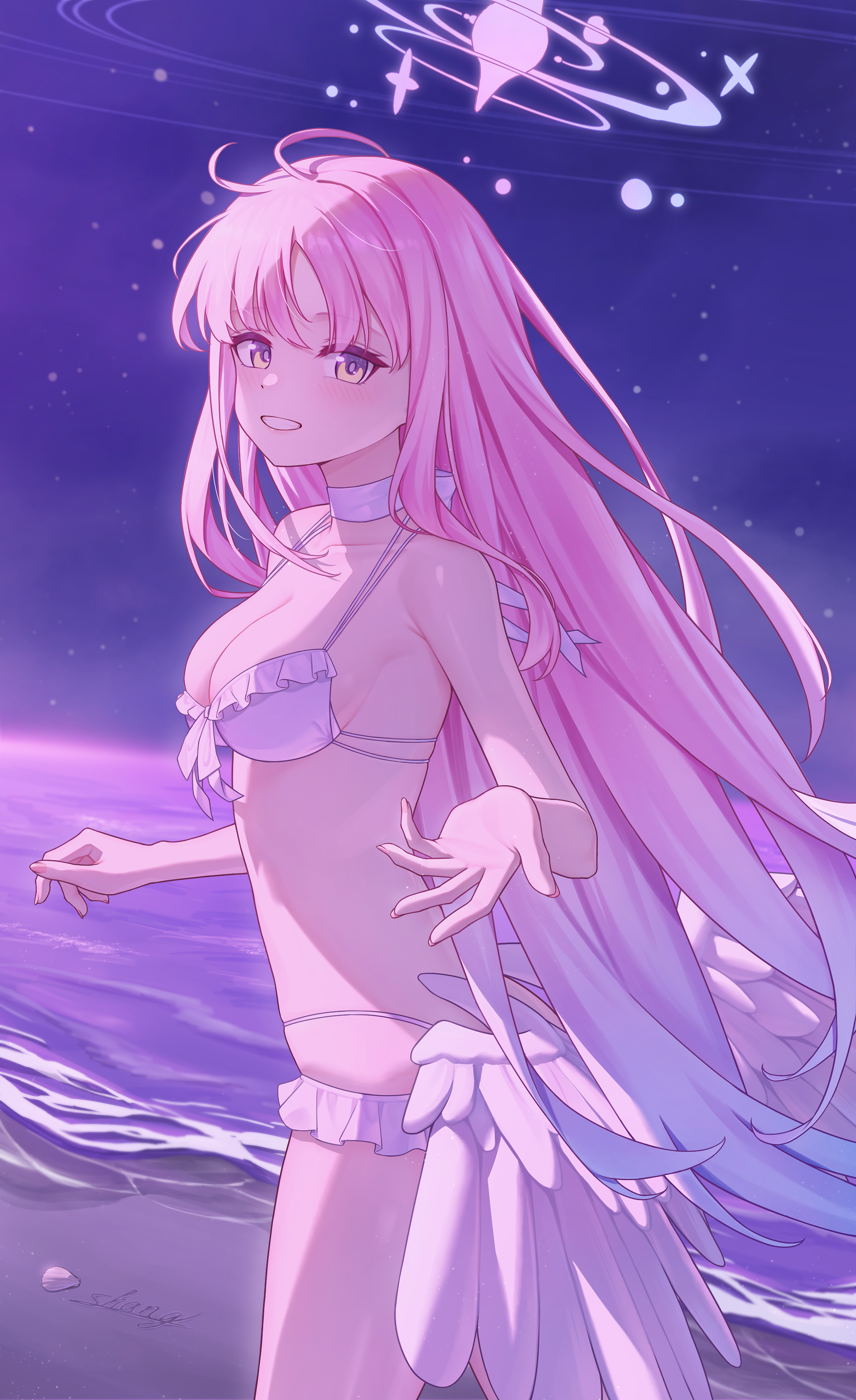 fu shang, mika (blue archive), mika (swimsuit) (blue archive), blue archive, absurdres, highres, 1girl, angel wings, bikini, blush, breasts, cleavage, feathered wings, frilled bikini, frills, halo, looking at viewer, looking back, low wings, medium breasts, official alternate costume, official alternate hairstyle, pink hair, pink halo, purple eyes, reaching, reaching towards viewer, smile, solo, swimsuit, white bikini, white wings, wings