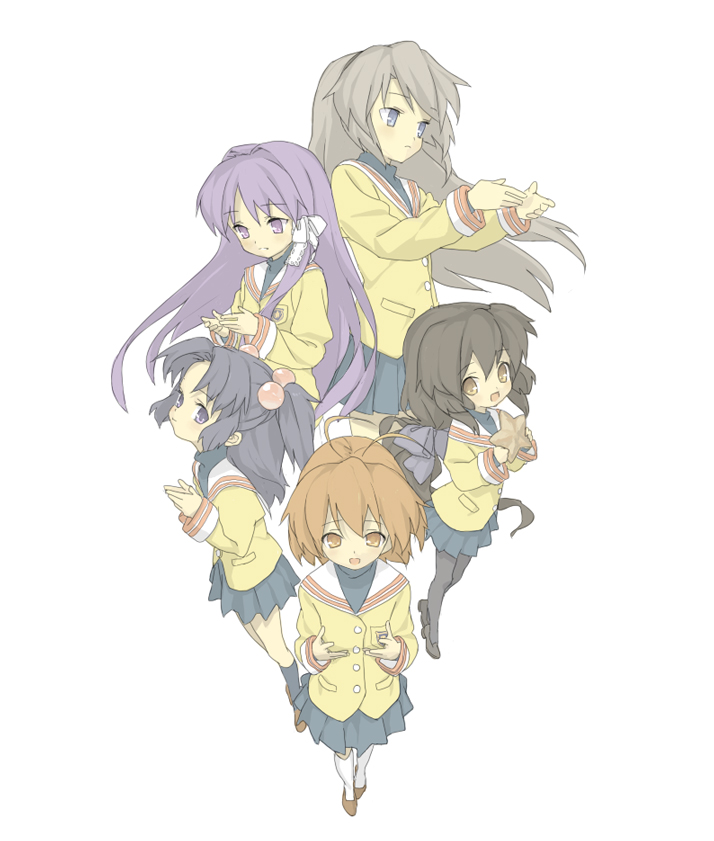 hakuto (artist), hiro (dismaless), fujibayashi kyou, furukawa nagisa, ibuki fuuko, ichinose kotomi, sakagami tomoyo, clannad, 00s, 5girls, long hair, low-tied long hair, multiple girls, pantyhose, school uniform, serafuku, starfish