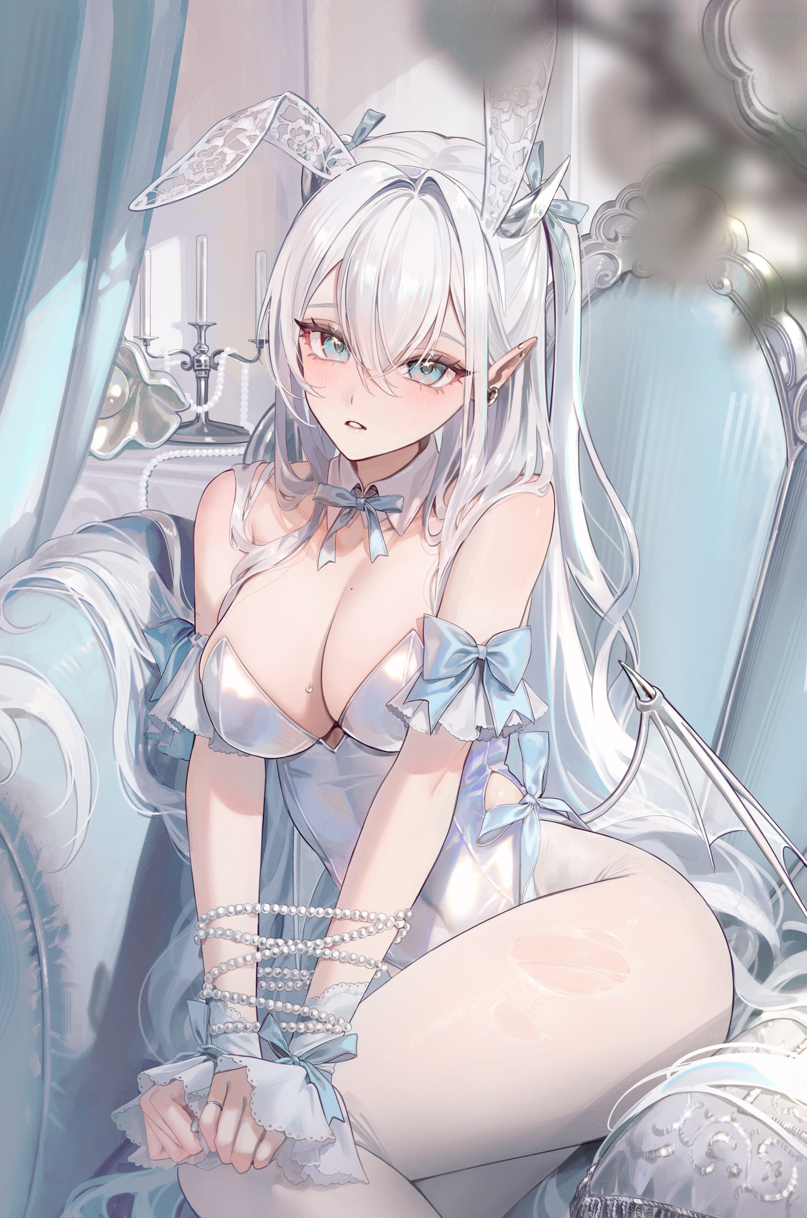 magako, original, absurdres, highres, animal ears, bare shoulders, blue bow, blush, bow, breasts, cleavage, couch, covered navel, detached collar, fake animal ears, hair between eyes, indoors, large breasts, leotard, long hair, looking at viewer, on couch, pantyhose, parted lips, playboy bunny, pointy ears, rabbit ears, sitting, solo, white hair, white leotard, white pantyhose